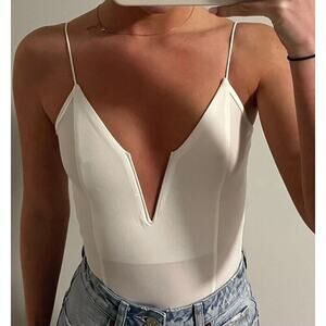 NEW XS Deep Vneck White Bodysuit Lined Stretchy Casual Top Sleeveless One Piece